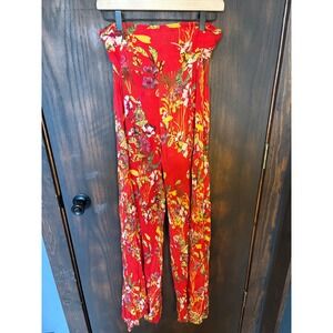 Free People FP One Floral Strapless Wide Leg Jumpsuit Red Boho Smocked Medium